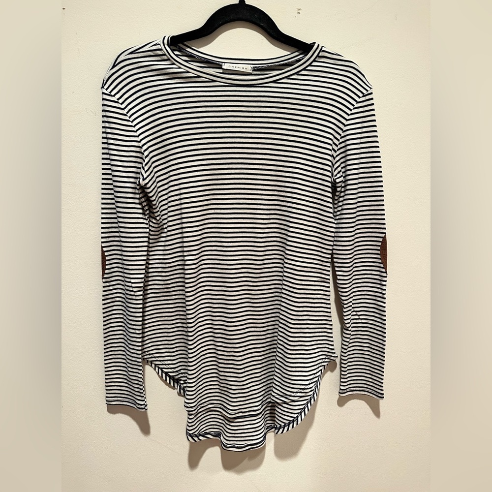 Cherish Black and White Stripe Patch Elbow Long Sleeve Top
